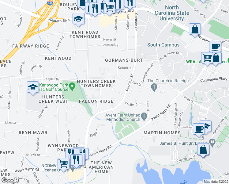 map of restaurants, bars, coffee shops, grocery stores, and more near 4107 Iver Johnson Drive in Raleigh