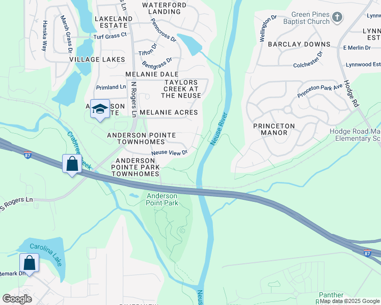 map of restaurants, bars, coffee shops, grocery stores, and more near 5500 Neuse View Drive in Raleigh