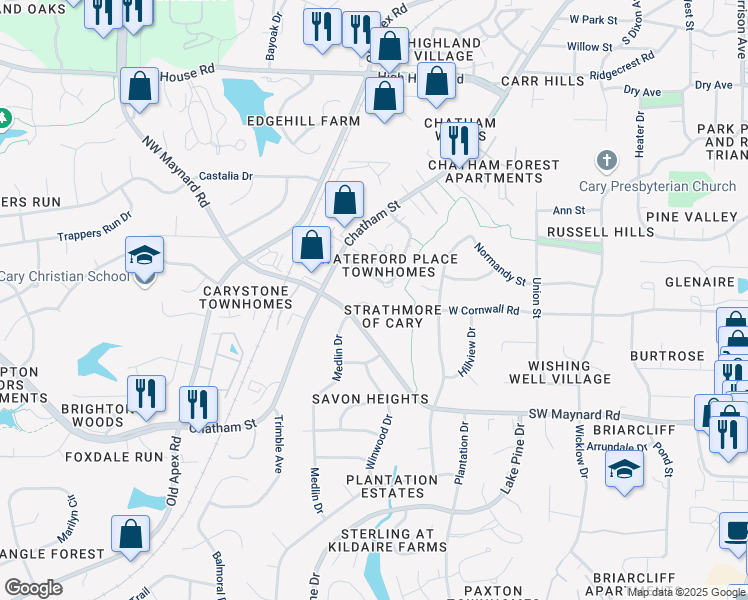 map of restaurants, bars, coffee shops, grocery stores, and more near 119 Greengate Court in Cary