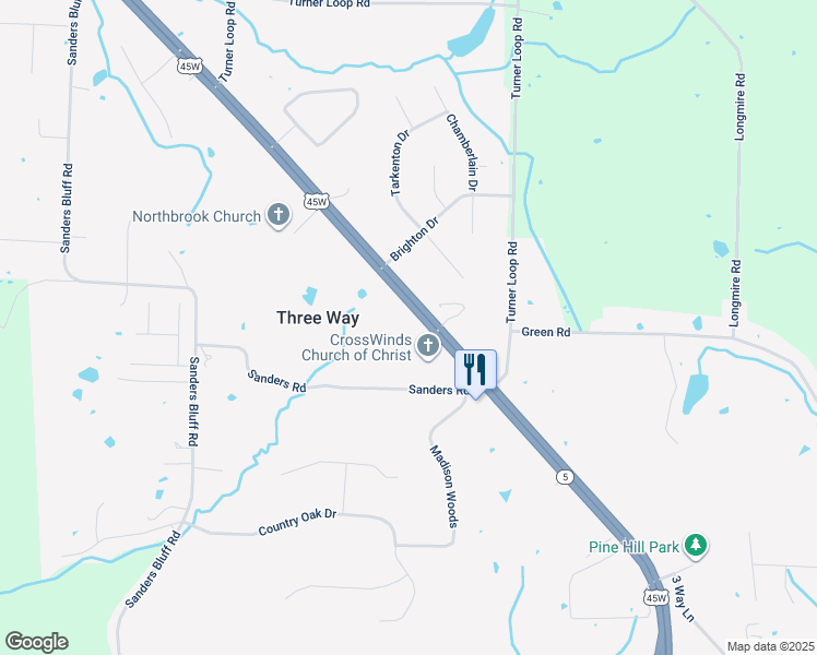 map of restaurants, bars, coffee shops, grocery stores, and more near 343 Us Highway 45 West in Three Way