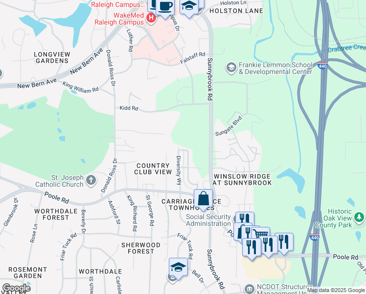 map of restaurants, bars, coffee shops, grocery stores, and more near 601 Rawls Drive in Raleigh