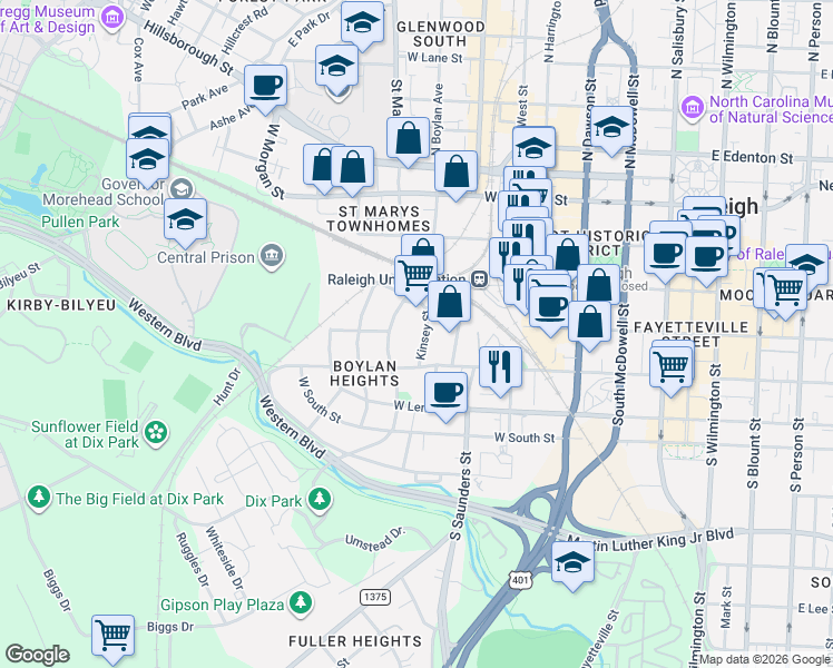 map of restaurants, bars, coffee shops, grocery stores, and more near 411 Kinsey Street in Raleigh