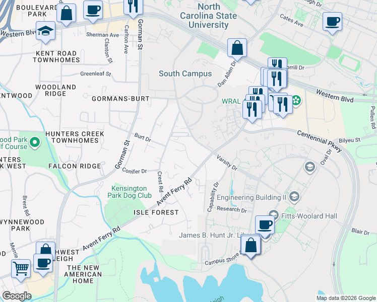 map of restaurants, bars, coffee shops, grocery stores, and more near 3504 Ivy Commons Drive in Raleigh