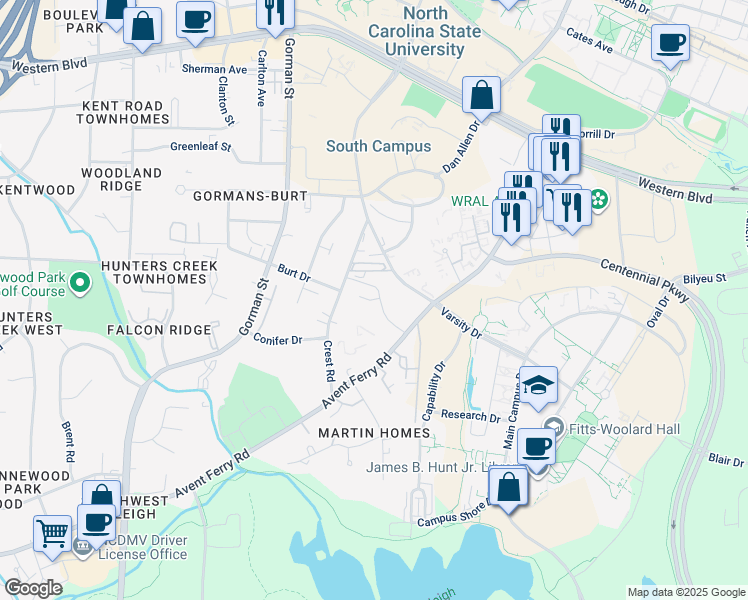 map of restaurants, bars, coffee shops, grocery stores, and more near 2510 Avent Ferry Road in Raleigh