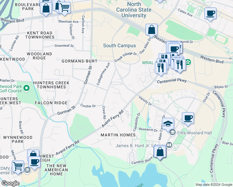map of restaurants, bars, coffee shops, grocery stores, and more near 2510 Avent Ferry Road in Raleigh