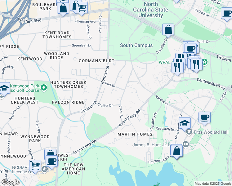 map of restaurants, bars, coffee shops, grocery stores, and more near 1626 Crest Road in Raleigh