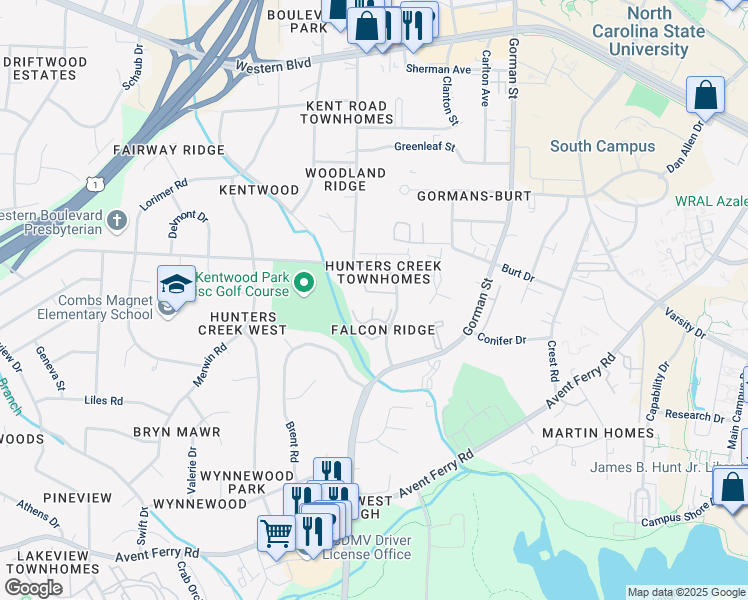 map of restaurants, bars, coffee shops, grocery stores, and more near 2047 Trexler Court in Raleigh