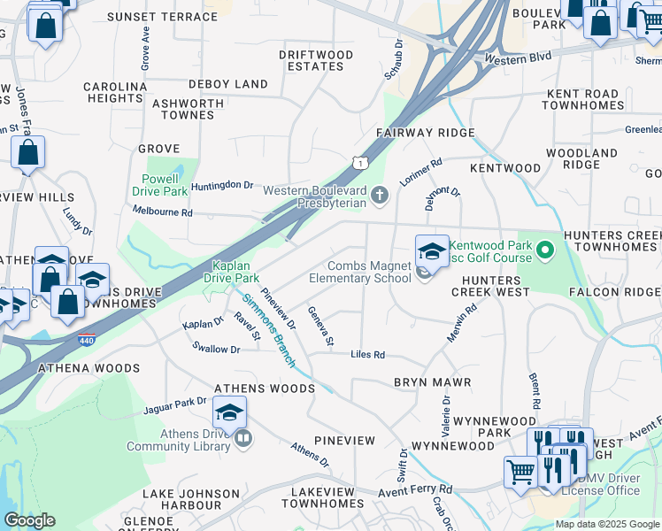 map of restaurants, bars, coffee shops, grocery stores, and more near 5020 Newcastle Road in Raleigh