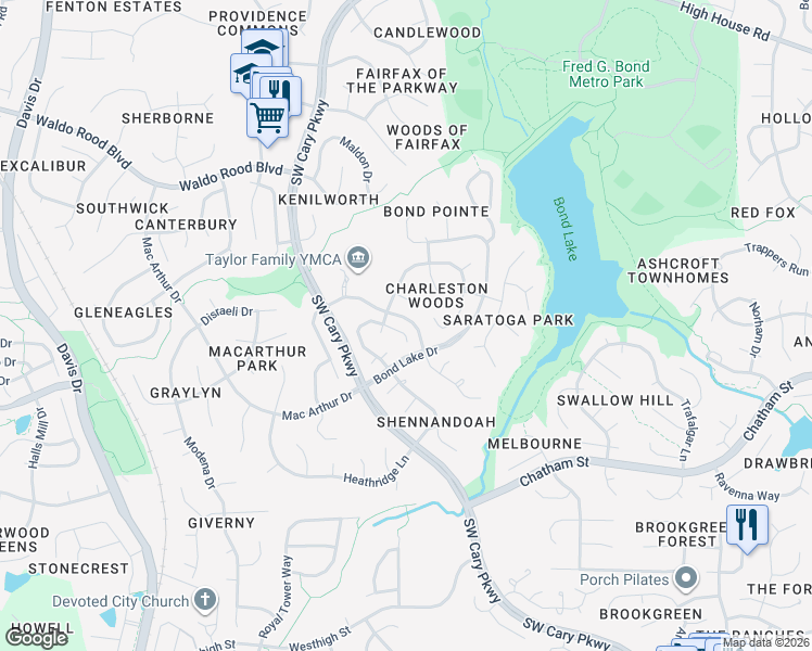 map of restaurants, bars, coffee shops, grocery stores, and more near 213 Wintermist Drive in Cary