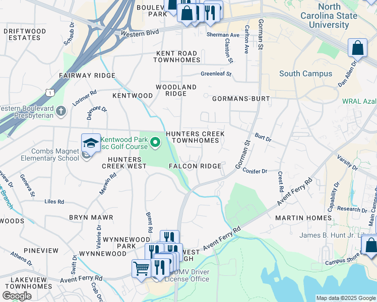 map of restaurants, bars, coffee shops, grocery stores, and more near 4323 Hunters Club Drive in Raleigh