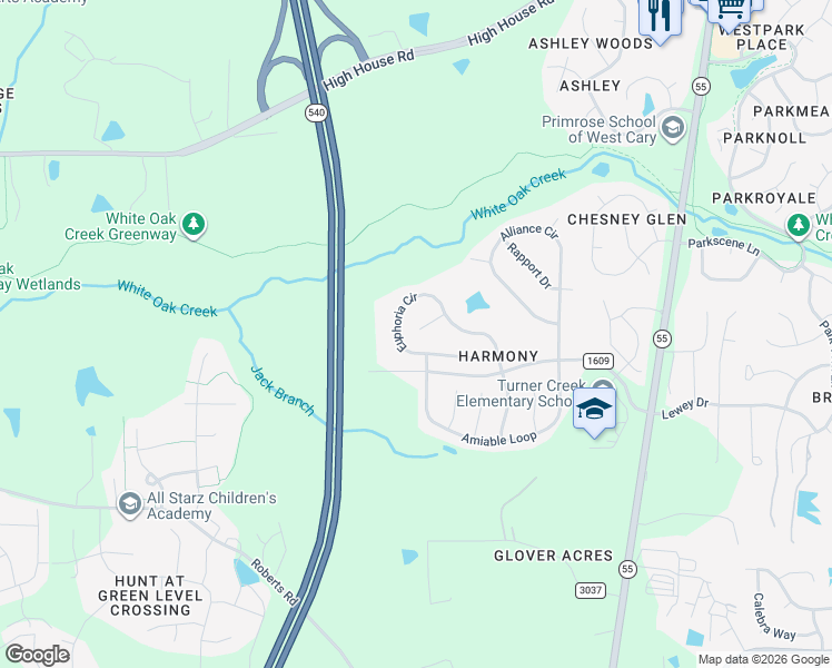 map of restaurants, bars, coffee shops, grocery stores, and more near 401 Euphoria Circle in Cary