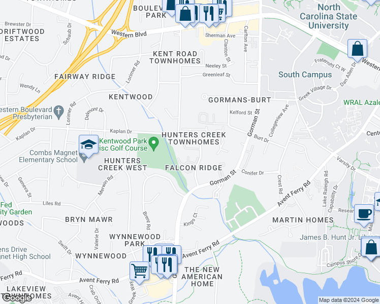 map of restaurants, bars, coffee shops, grocery stores, and more near 4317 Hunters Club Drive in Raleigh