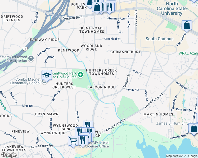 map of restaurants, bars, coffee shops, grocery stores, and more near 2047 Trexler Court in Raleigh