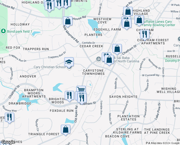 map of restaurants, bars, coffee shops, grocery stores, and more near 101 Tracy Court in Cary