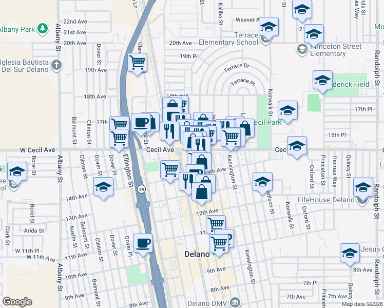 map of restaurants, bars, coffee shops, grocery stores, and more near 1420 Main Street in Delano