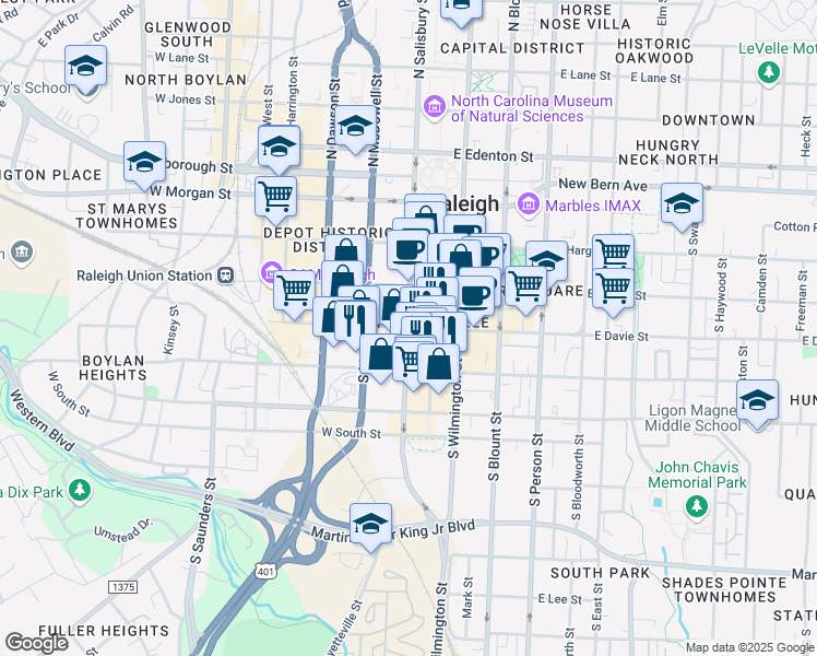 map of restaurants, bars, coffee shops, grocery stores, and more near South Salisbury Street in Raleigh