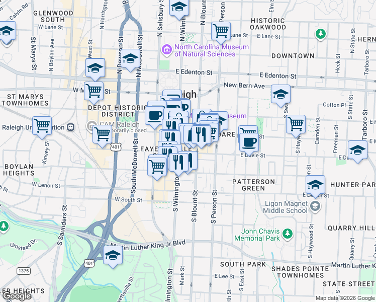 map of restaurants, bars, coffee shops, grocery stores, and more near 131 East Davie Street in Raleigh