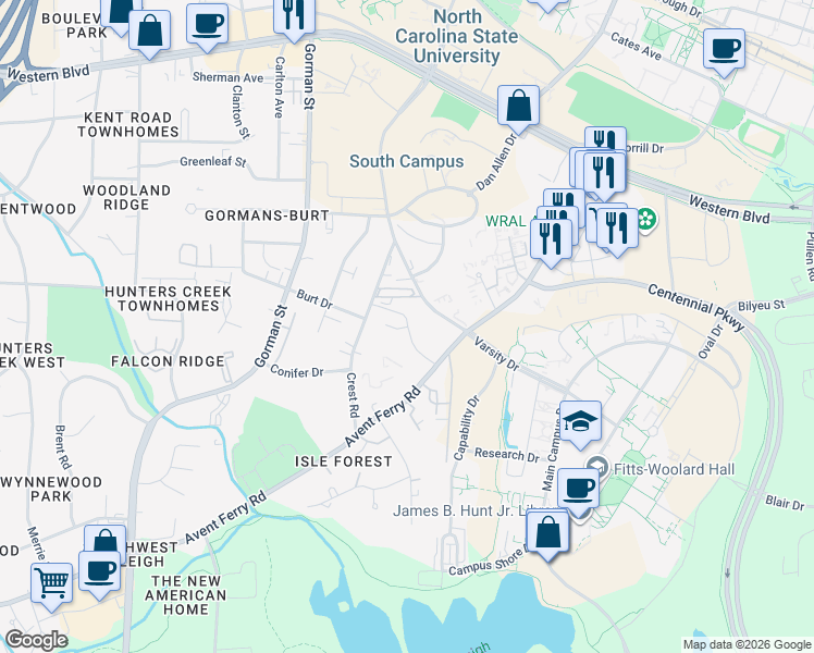 map of restaurants, bars, coffee shops, grocery stores, and more near 2510 Avent Ferry Road in Raleigh