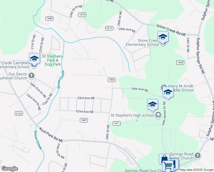 map of restaurants, bars, coffee shops, grocery stores, and more near 3341 28th Street Northeast in Hickory
