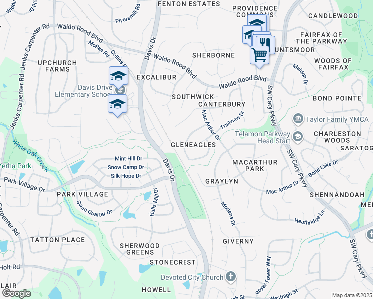 map of restaurants, bars, coffee shops, grocery stores, and more near 122 Covington Square Drive in Cary