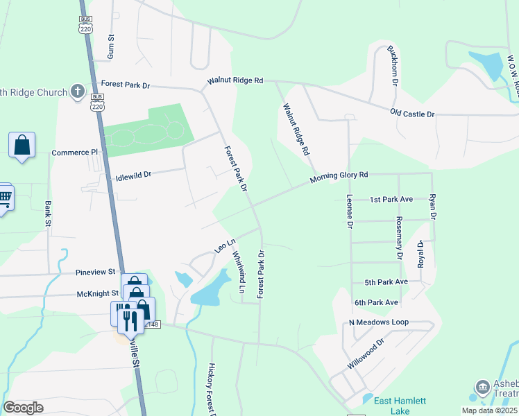 map of restaurants, bars, coffee shops, grocery stores, and more near 2660 Forest Park Drive in Randleman