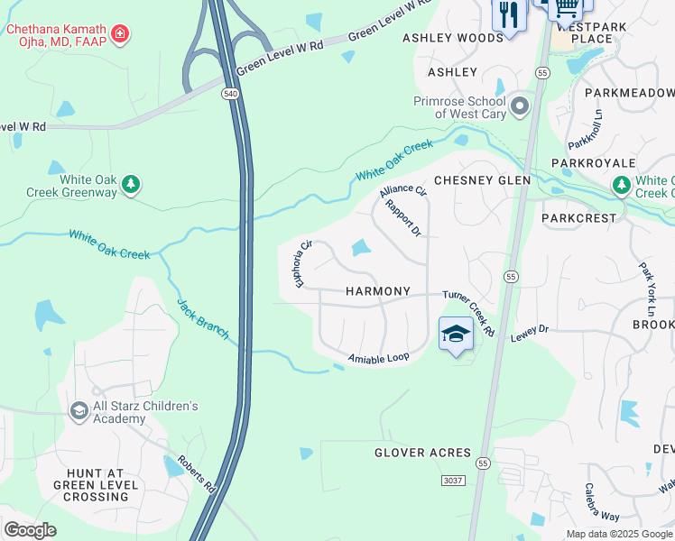 map of restaurants, bars, coffee shops, grocery stores, and more near 225 Euphoria Circle in Cary