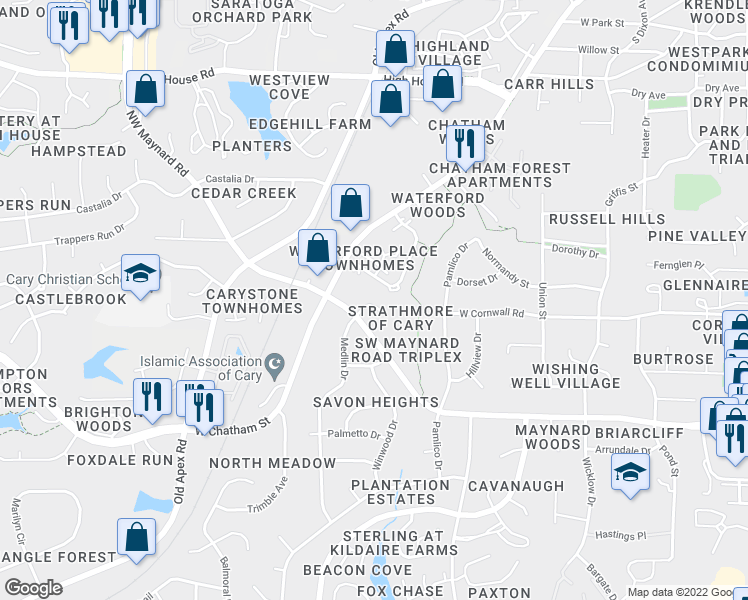map of restaurants, bars, coffee shops, grocery stores, and more near 117 Greengate Court in Cary