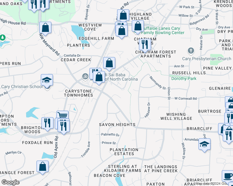 map of restaurants, bars, coffee shops, grocery stores, and more near 115 Greengate Court in Cary
