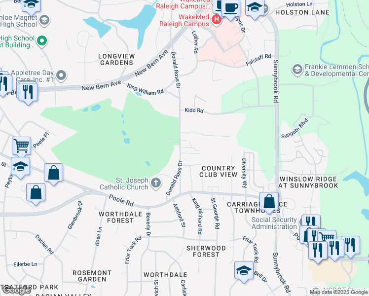 map of restaurants, bars, coffee shops, grocery stores, and more near 3001 Warren Avenue in Raleigh