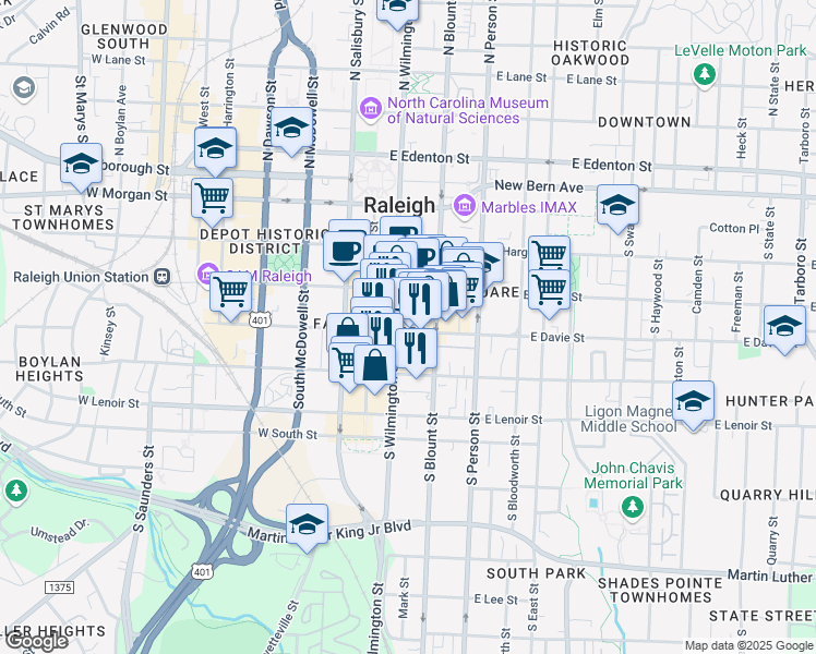 map of restaurants, bars, coffee shops, grocery stores, and more near 341 South Wilmington Street in Raleigh