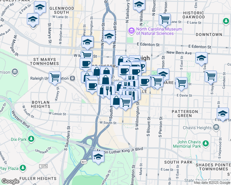 map of restaurants, bars, coffee shops, grocery stores, and more near in Raleigh