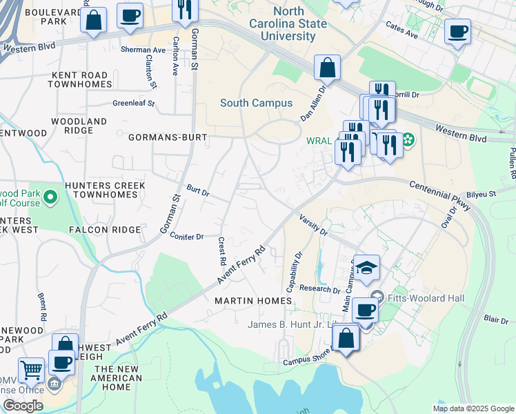 map of restaurants, bars, coffee shops, grocery stores, and more near 3504 Ivy Commons Drive in Raleigh