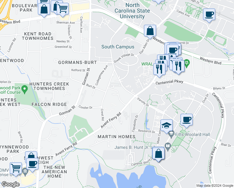 map of restaurants, bars, coffee shops, grocery stores, and more near 2510 Avent Ferry Road in Raleigh