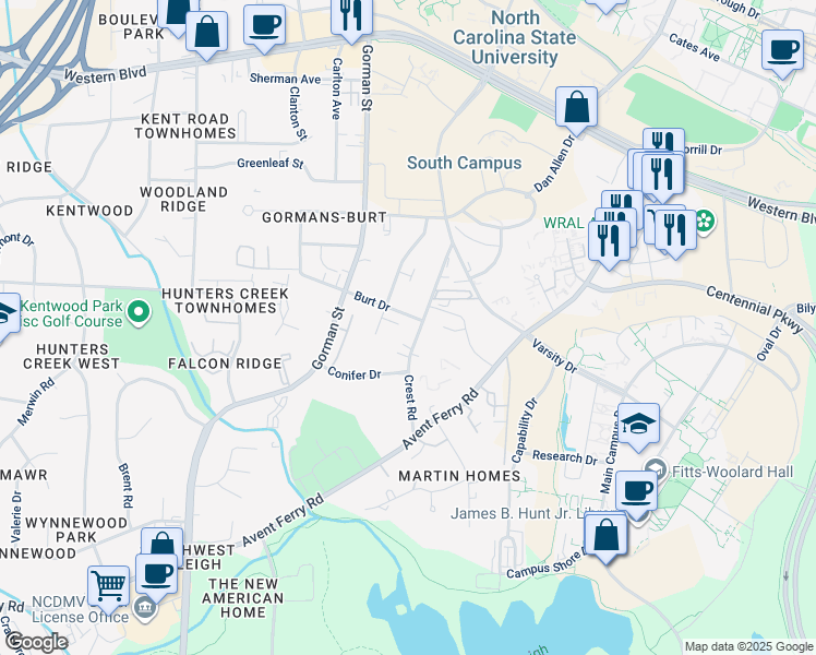 map of restaurants, bars, coffee shops, grocery stores, and more near 1626 Crest Road in Raleigh