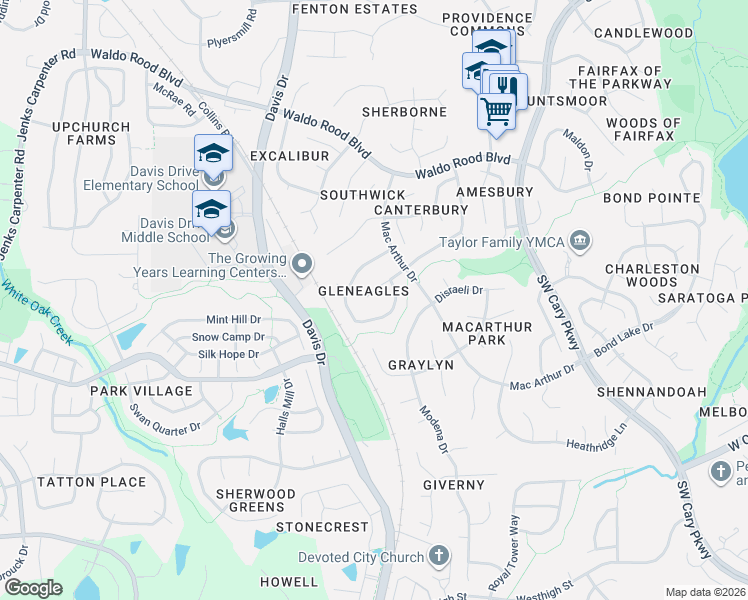 map of restaurants, bars, coffee shops, grocery stores, and more near 116 Covington Square Drive in Cary