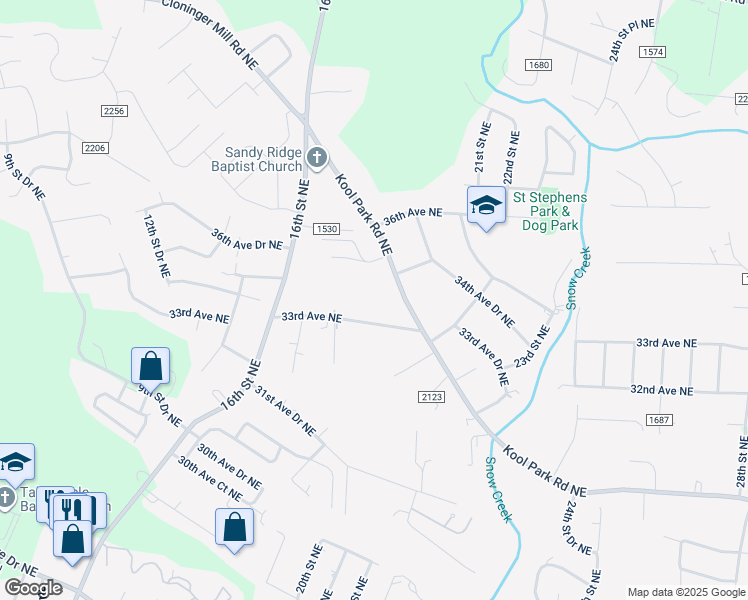 map of restaurants, bars, coffee shops, grocery stores, and more near 1905 33rd Avenue Northeast in Hickory