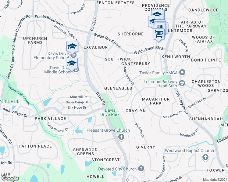 map of restaurants, bars, coffee shops, grocery stores, and more near 122 Covington Square Drive in Cary