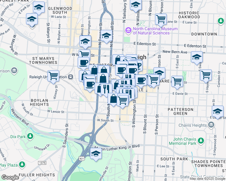 map of restaurants, bars, coffee shops, grocery stores, and more near in Raleigh