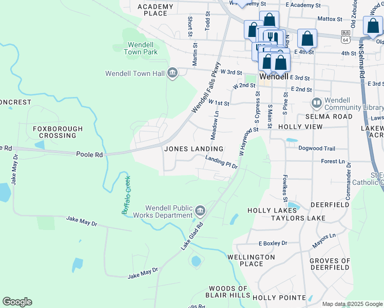 map of restaurants, bars, coffee shops, grocery stores, and more near 430 Landing Place Drive in Wendell
