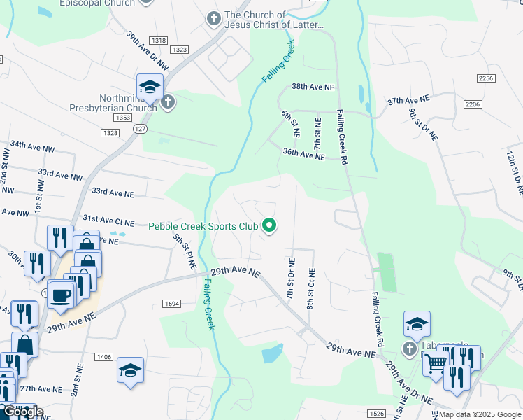 map of restaurants, bars, coffee shops, grocery stores, and more near 603 29th Avenue Northeast in Hickory