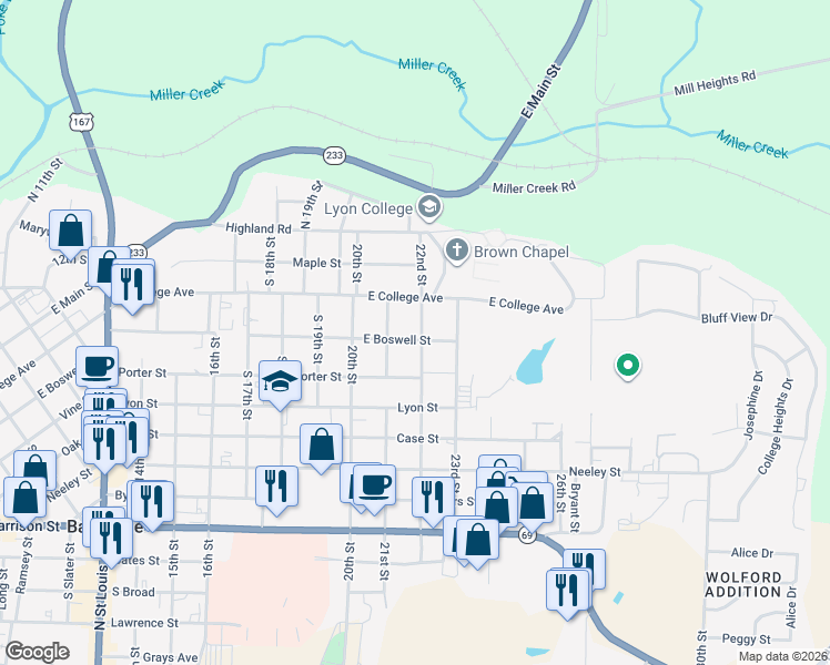 map of restaurants, bars, coffee shops, grocery stores, and more near 340 22nd Street in Batesville
