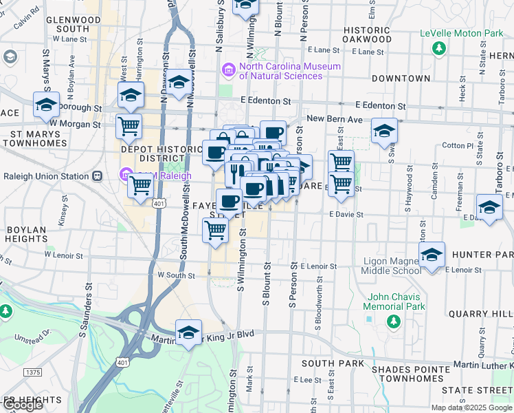 map of restaurants, bars, coffee shops, grocery stores, and more near 120 East Martin Street in Raleigh