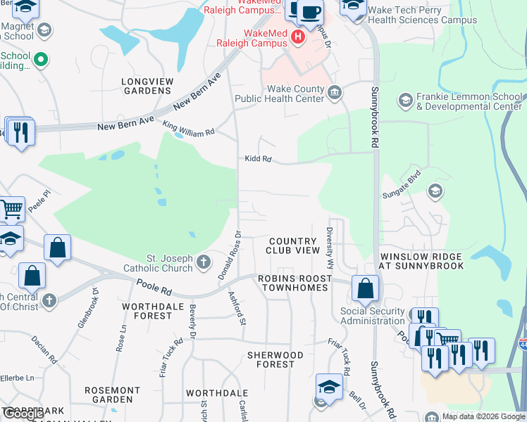 map of restaurants, bars, coffee shops, grocery stores, and more near 2908 Haven Road in Raleigh