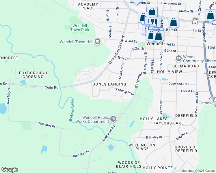 map of restaurants, bars, coffee shops, grocery stores, and more near 430 Landing Place Drive in Wendell