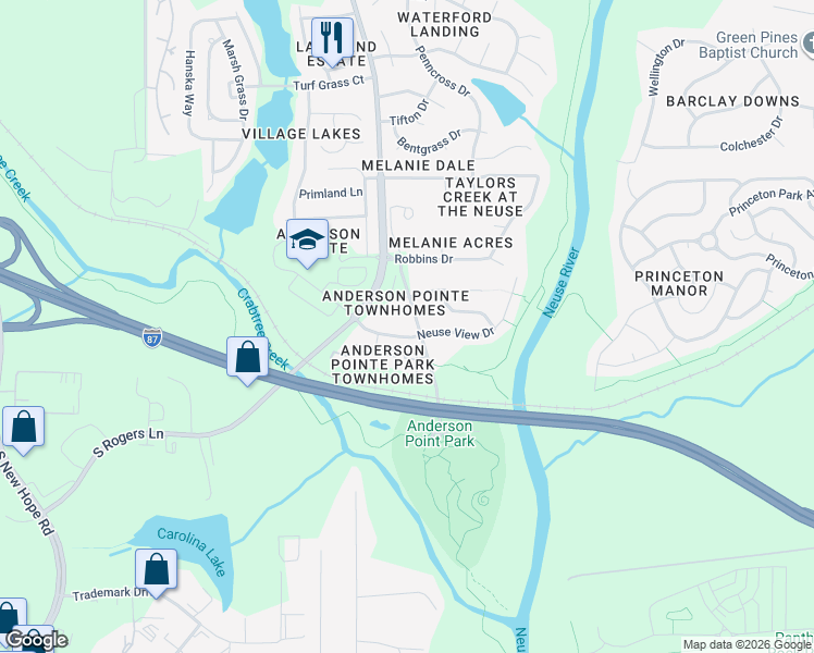 map of restaurants, bars, coffee shops, grocery stores, and more near 290 North Rogers Lane in Raleigh