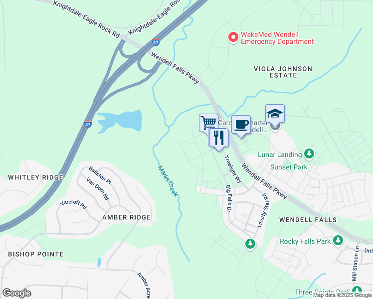 map of restaurants, bars, coffee shops, grocery stores, and more near 6177 Wendell Falls Parkway in Wendell
