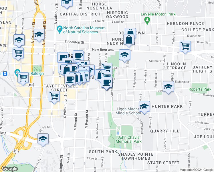 map of restaurants, bars, coffee shops, grocery stores, and more near 300 Chavis Way in Raleigh