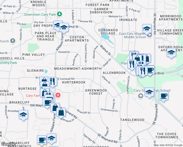 map of restaurants, bars, coffee shops, grocery stores, and more near 302 Meadow Drive in Cary