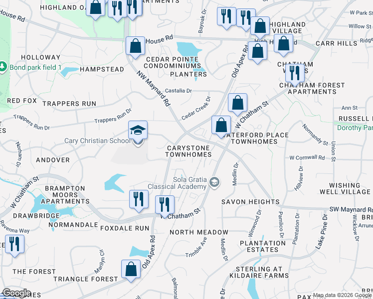 map of restaurants, bars, coffee shops, grocery stores, and more near 1302 Old Apex Road in Cary
