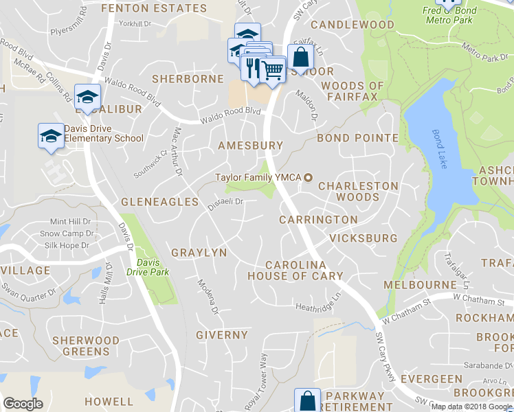 map of restaurants, bars, coffee shops, grocery stores, and more near 118 Disraeli Drive in Cary